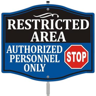 Imagem de Área restrita pessoal autorizado apenas Stop Do Not Enter placa 30.5 cm x 25.4 cm com 71.1 cm longa estaca de metal funcionários sinal com suporte alumínio uso externo quintal negócios