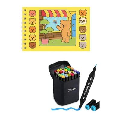 Imagem de Kit Livro De Colorir Amarelo + 24 Canetas De Ponta Dupla Para Pintar Livros de Colorir Livro Capa Dura Holográfica com Acetato 50 desenhos A5 Livro Colorir com canetinhas