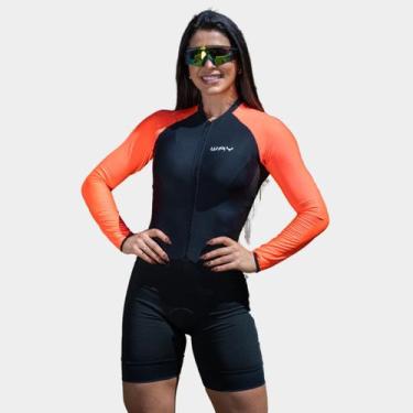 Imagem de Macaquinho de Ciclismo Feminino Forro Espuma Manga Longa Proteção Uv R