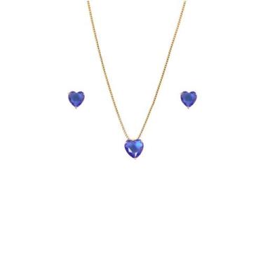 Imagem de Conjunto Brinco e Colar Coração com Pedras Azul Sem Joia Banhado Ouro 