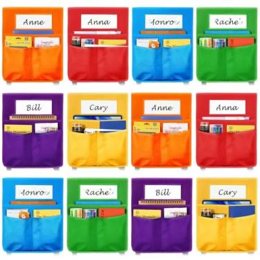 Imagem de Tabela de bolso para cadeira de 12 peças, bolsos de cadeira de estudante de 40,6 cm x 45,7 cm para salas de aula, organizador de cadeira de sala de aula com etiqueta de nome para manter a mesa escolar