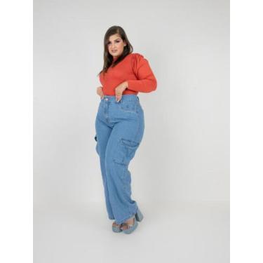 Imagem de Calça Jeans Clara Feminina Wide Leg Plus Size Cargo Bolsos Lateria Tec
