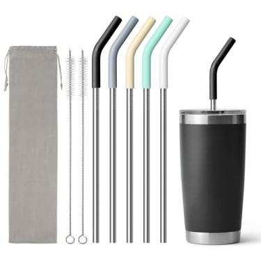 Imagem de Diumepo Canudos de metal para YETI, copo Stanley de 590 ml, 5 peças de canudos de aço inoxidável com ponta de silicone para copo simples e moderno CIVAGO, ALBOR, BJPKPK 590 ml, escova de limpeza, 1