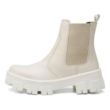 Imagem de Bota Coturno Tratorada Feminina Com Elástico Lateral Confortável Moderna Estilosa - Outono Inverno Moda Casual (Nude, BR, Adulto, Numérico, 35)