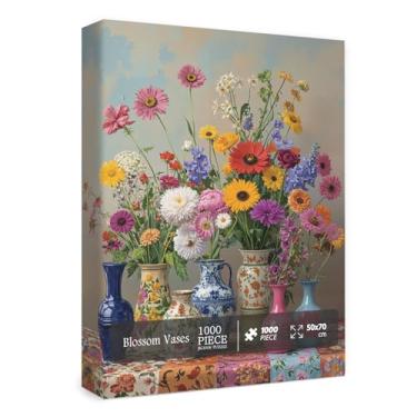 Imagem de Quebra-cabeça de vaso de flores para adultos, 1000 peças, quebra-cabeça floral de plantas vintage, jardim colorido bonito primavera girassol flores silvestres hortênsia margarida quebra-cabeça