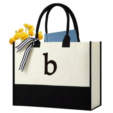 Imagem de Sacolas personalizadas com inicial de lona, monograma bordado com alça de couro, presente adequado para mãe, casamento, praia (b)