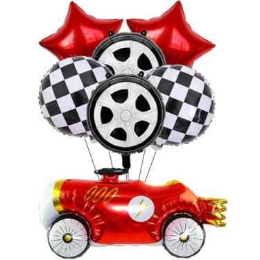 Imagem de Vintage Race Car Balloon,Black and White Checkered Car Wheel Red Star Foil Balloon,Racing Theme Birthday Party Baby Shower Decorations Supplies - Set of 7