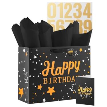 Imagem de Bolsa de presente de feliz aniversário com papel de seda, cartão e adesivo, bolsa de presente grande de 33 cm para mulheres, homens, crianças, festa de aniversário (preto)
