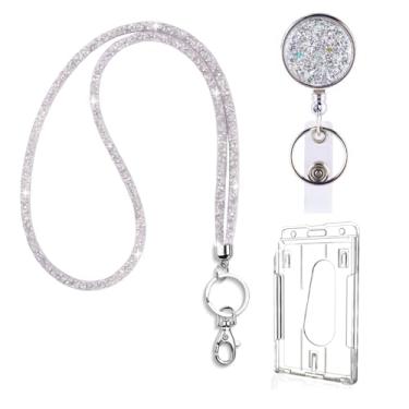 Imagem de VIQWYIC 1 pacote com porta-crachá retrátil com clipe, bobinas de crachá de identificação com strass cintilante suporte de cartão retrátil para trabalhador de escritório, professor enfermeiro (prata)