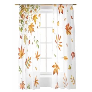 Imagem de Cortinas transparentes de folhas de bordo de outono 213 cm de comprimento, conjunto de 2 painéis, cortinas e cortinas com filtro de luz, bolso de haste, cortina de painel de voile para quarto, sala de