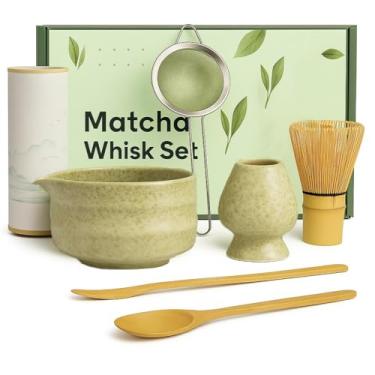 Imagem de AOZORA HOME Conjunto de batedor Matcha – Conjunto de 7 peças Matcha Japonês com Tigela Matcha, Batedor e Suporte de Bambu, Colher, Peneira de Aço Inoxidável, Toalha de Chá – Kit Matcha Completo para
