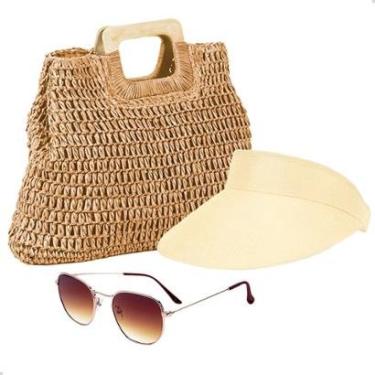 Imagem de Kit Bolsa De Palha Feminina + Viseira Solar E Oculos De Sol Com Proteção Uv Moda Praia-Feminino