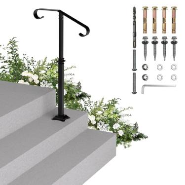 Imagem de Corrimãos para degraus ao ar livre - Corrimão de ferro forjado de poste único para corrimão de escada externa de 1, 2 degraus - 40 H revestimento em pó preto de ferro forjado para degraus de concreto