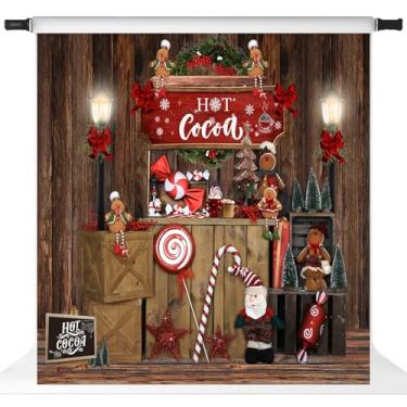 Imagem de Kate Cenários de Natal de cacau quente com textura de madeira rústica para fotos de festa de inverno para crianças, adereços de estúdio de fotografia de Natal 2,4 x 2,4 m