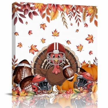 Imagem de Arte de parede em tela de ação de graças, rugby, marrom, peru, impressões de pintura a óleo de outono, imagens esticadas e emolduradas, folha de bordo e abóbora decoração de parede para sala de estar