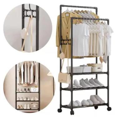 Imagem de Arara Dupla Cabideiro Com Sapateira Rodinha Cabide Prateleiras - SHOP 