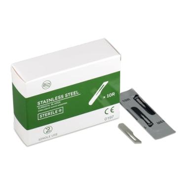 Imagem de Lâminas cirúrgicas de aço inoxidável 10R, lâminas de dermaplane estéreis 10r, lâminas de laboratório, lâminas cirúrgicas para dermaplaning, esterilizadas por gama (caixa com 100, embalada