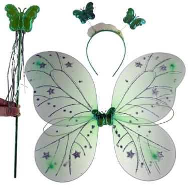Imagem de Asa de Borboleta Fantasia Infantil Kit com Varinha e Tiara Fada Festa Carnaval Lembrancinha (Verde)