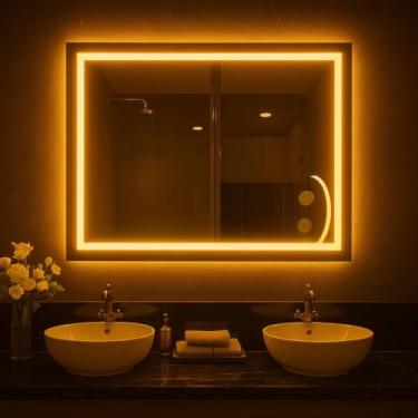 Imagem de Espelho Retangular 90x70 Cm Jateado Led Com Touch Premium(Quente-Horizontal)