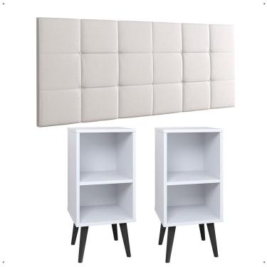 Imagem de Kit 2 Mesinhas Charme Branco Pés Palito Retrô Cabeceira Suspensa Bia Corino 1,40 Estofada Cama Casal - Lojas RPM
