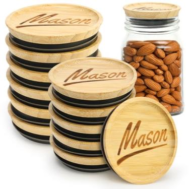 Imagem de 12 tampas reutilizáveis de boca regular e tampa de frasco de vidro de boca larga, suprimentos de conserva tampa de bambu para frascos de vidro de boca grande, tampas de vidro pequenas de silicone de