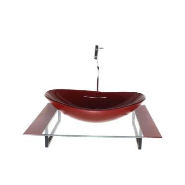 Imagem de Kit Cuba Vidro Oval Tampo 60Cm Vermelho Cereja E Suporte