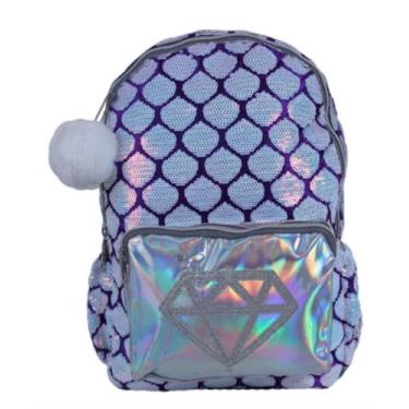 Imagem de Mochila Escolar de Paetês Holográfica com Chaveiro PomPom Roxo Clio, 5
