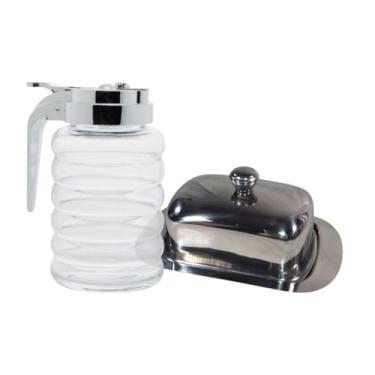 Imagem de Kit Utensílios de Cozinha Pote Vidro Tampa Plástica + Manteigueira Inox