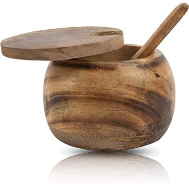 Imagem de Açucareiro decorativo de madeira rústica e colher com tampa pote de doces de boca larga suporte de pote de temperos nozes tigela de servir sal especiarias erva folha solta recipiente de armazenamento