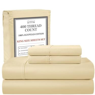 Imagem de Jogo de lençol King 400 fios, 100% algodão egípcio, bolso profundo, conjunto de lençol de cama e fronha de cetim luxuoso, macio e confortável, naturalmente fresco, sem pílulas, lavável na máquina