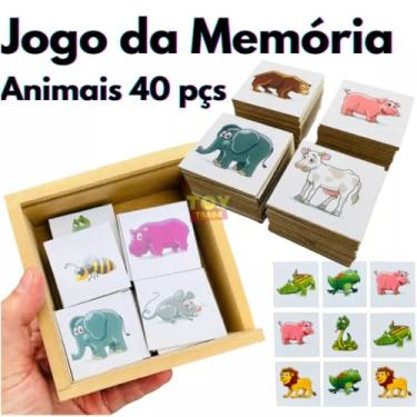 Imagem de Jogo da Memória Educativo com Animais, 40 Peças em Fibro Madeira, Brinquedo Pedagógico com Estojo, Desenvolve Concentração e Memorização (Animais)