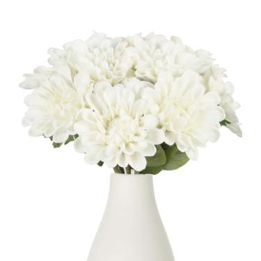 Imagem de IPOPU 10 peças de flores artificiais de crisântemos 33 cm de poliuretano, flores de dália, brancas, falsas, flores de dália, com hastes para casa, casamento, escritório, mesa, centro de mesa