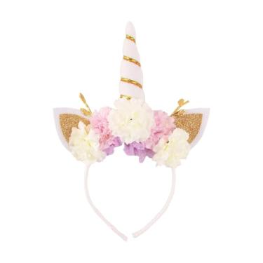 Imagem de Nishine Tiara de coroa de unicórnio com flor artificial com glitter para decoração de cosplay de aniversário (branco fofo)