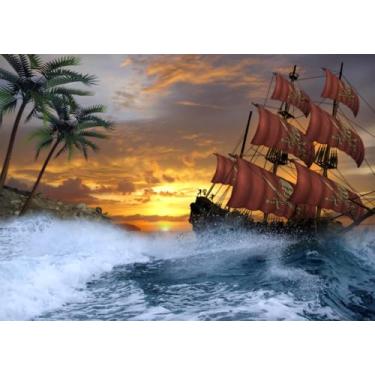 Imagem de Fmarui 3 x 2,4 m, cenário de navio pirata, oceano, palmeira, fotografia, tema náutico, pirata, para decoração de festa de Halloween, aniversário, banner, adereços de cabine fotográfica