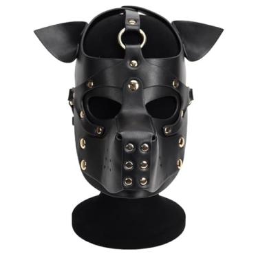 Imagem de ALMYMM Leather Puppy Mask, Neoprene Puppy Face Muzzle, Removable Full Face Pup Hood Mask, Halloween Mask, Men Cosplay Mask (Black)