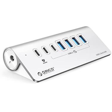 Imagem de ORICO Hub USB de 7 portas de 10 Gbps, hub de alumínio USB 3.2 geração 2, 6 portas de dados USB 3.2, 1 porta de carregamento PD 60W, adaptador de alimentação 24V 3A, cabo C para C, hub de dados USB