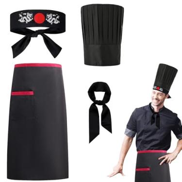 Imagem de YKYOBFA Conjunto de 4 peças de fantasia de chef Hibachi, chapéu e avental de chef Hibachi, faixa de cabeça japonesa e gravata Hibachi para decoração de festa de hibachi, decorações de festa de