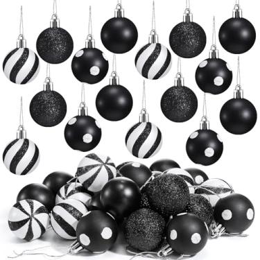 Imagem de Motionchic 24 peças de enfeites de bola de Natal, preto e branco, mini bolas penduradas com glitter, à prova de estilhaçamento, árvore de Natal de plástico, listras de plástico, decorações de bolas de