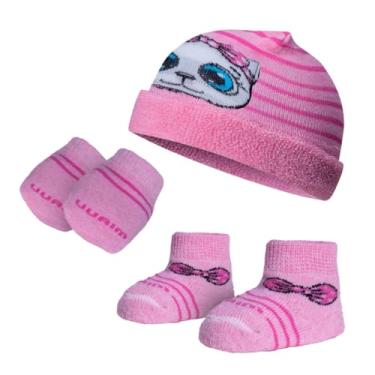 Imagem de Kit Touca, Meia e Luva Recém Nascido Algodão Atoalhado Maternidade Enxoval Bebe Dallf (Rosa/Vermelho, Recém Nascido)