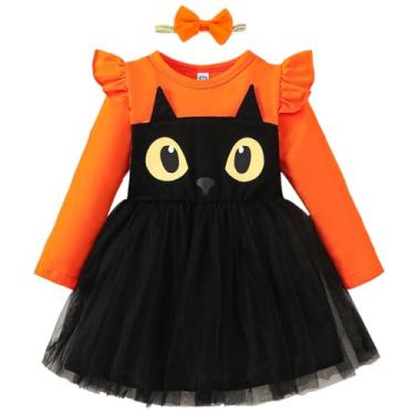 Imagem de Noubeau Vestido infantil infantil de manga comprida com babados, outono e inverno, conjunto de saia de tule com faixa de cabeça, Laranja, 12-18 Meses