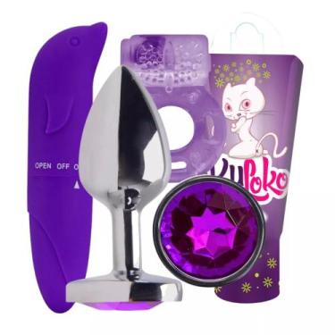 Imagem de Kit Vibrador Feminino Ponto G + Plug Anal em Aço + Anel Peniano + Gel 
