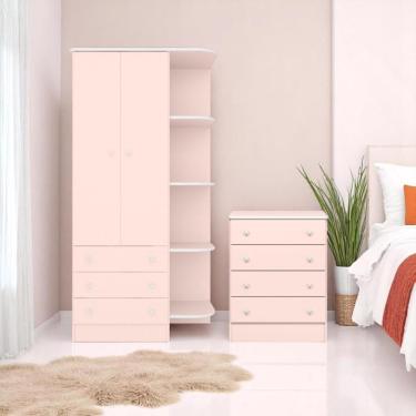 Imagem de Conjunto de Guarda Roupa e Cômoda Aurora 2 Portas 7 Gavetas em MDP 50 cm Rosa Mobiliar...
