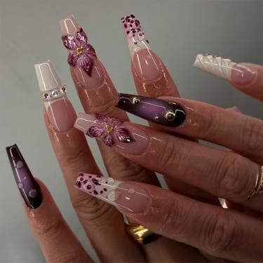 Imagem de Unhas postiças de pressão longa para caixão, unhas falsas francesas, unhas artificiais roxas com desenhos florais roxos, cola em acrílico, cola nas unhas, com glitter, 24 peças