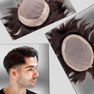 Imagem de Civmo Peruca masculina fina de cabelo humano mono peruca de poliéster ao redor do sistema de cabelo monofilamento NPU peruca de cabelo para homens 5X7 polegadas #2 cor marrom mais escura