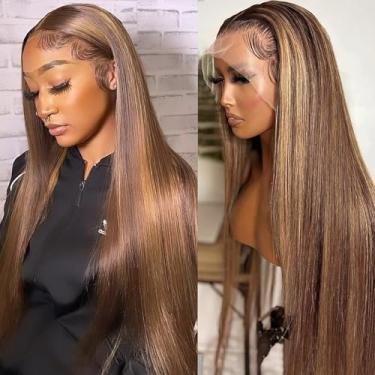Imagem de Peruca de cabelo humano Ombre Lace Front 45.7 cm Destaque 13x4 HD peruca frontal reta 150% densidade 6/613 colorido marrom chocolate HD perucas frontais para mulheres marrom sem cola pré-arrancadas