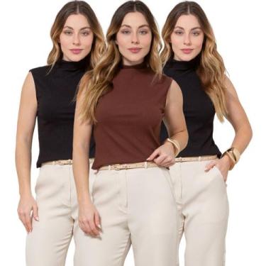 Imagem de Kit 3 Regatas Feminina Cavada Gola Alta Canelada - Maranne, Kit32, GG