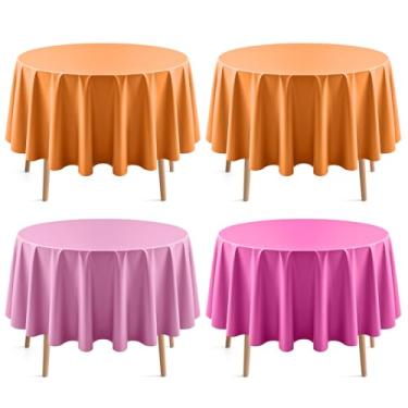 Imagem de 4 peças de toalha de mesa redonda rosa e laranja, 213 cm de cor sólida, à prova d'água e à prova de derramamento, toalha de mesa de plástico descartável durável para jantar, buffet, piquenique