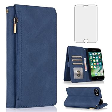 Imagem de Compatível com iPhone 7/8/SE 2020/2022 capa carteira de vidro temperado protetor de tela com zíper flip capa suporte para cartão para iPhone 7 iPhone8 SE2020 SE2022 2/2nd/3/3ª geração SE2 SE3 azul