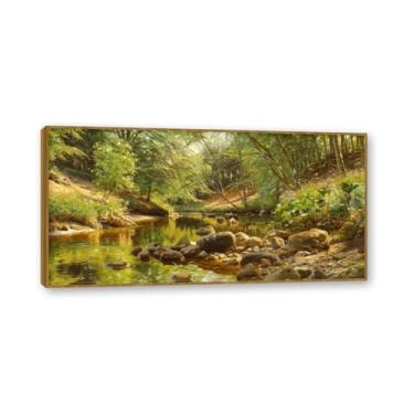 Imagem de Moldura externa de teca. Famosas pinturas a óleo, (sem título 15) por Peder Mork Monsted, reprodução impressa em tela, arte de cenário para decoração de sala de estar. 75 x 150 cm - 29,5 x 59,0 pol