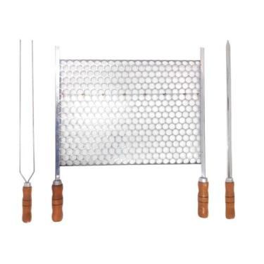 Imagem de Kit Grelha Moeda Inox 50x36 Para Churrasco Cabo Madeira com - INOX LAU
